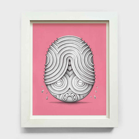 A framed artwork titled "Head (These Little Statements Are Mere Replacements)" by Aaron Robert Baker, featuring a stylized, crying face with swirling lines on a pink background, is available from the brand Rotofugi (Product Code: EX042025-13).