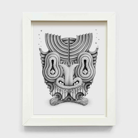 The Head (Happy the Man) by Aaron Robert Baker, offered by Rotofugi, is a framed black and white abstract artwork featuring symmetrical, intricate shapes reminiscent of a mask or face.