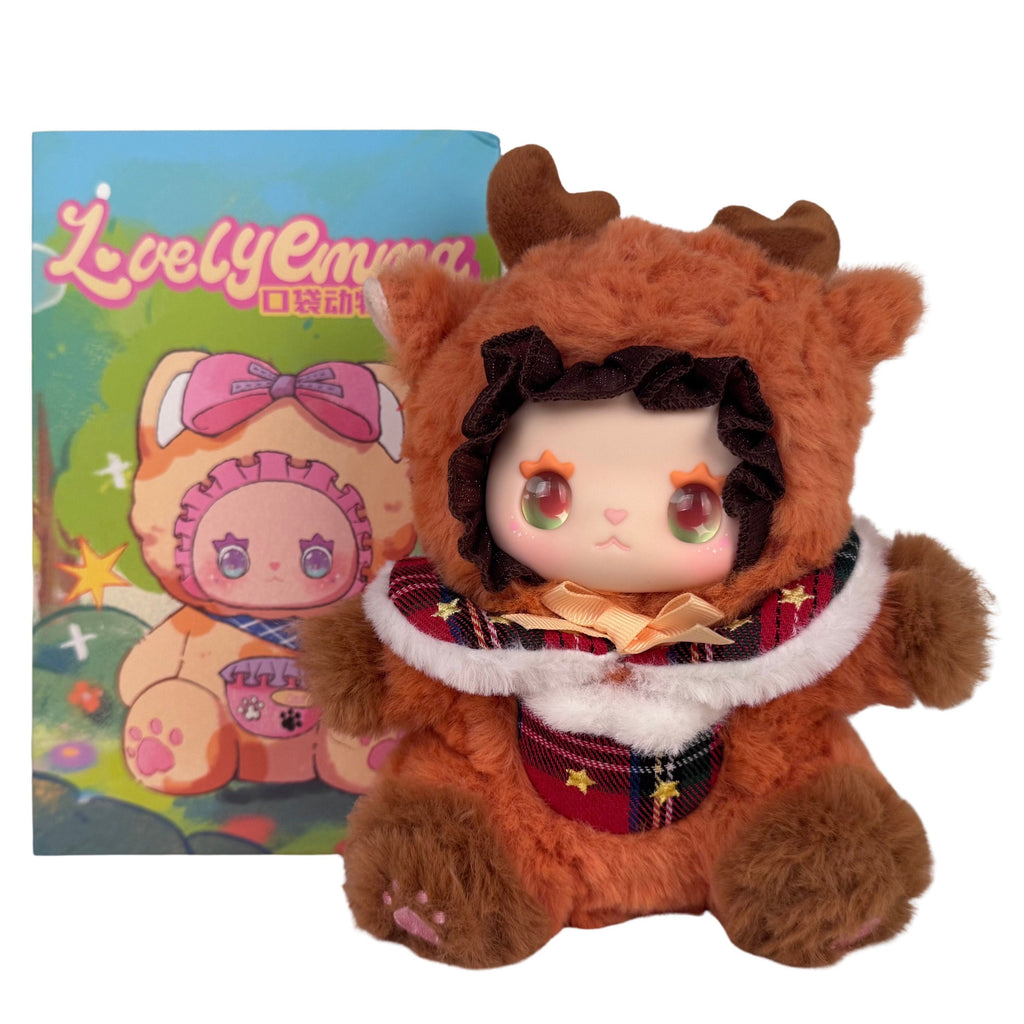 A Lovely Emma — Pocket Zoo Blind Box plush wearing a brown furry deer hood and a plaid collar, standing in front of its matching display box.