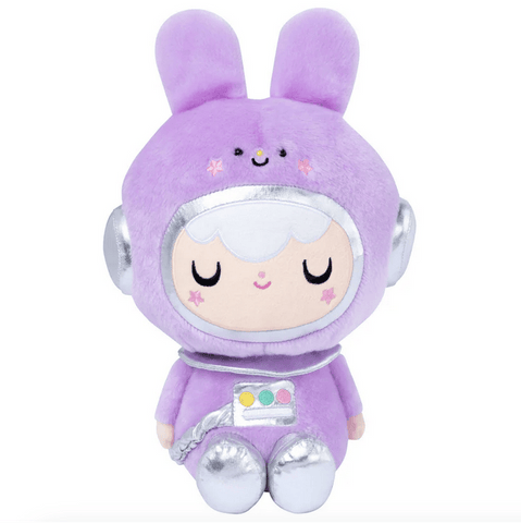 The Momiji Astro Hop - Out of This World Large Plush features a purple, cuddly toy in a bunny-eared spacesuit with silver accents and embroidered closed eyes for an irresistibly cosmic charm.