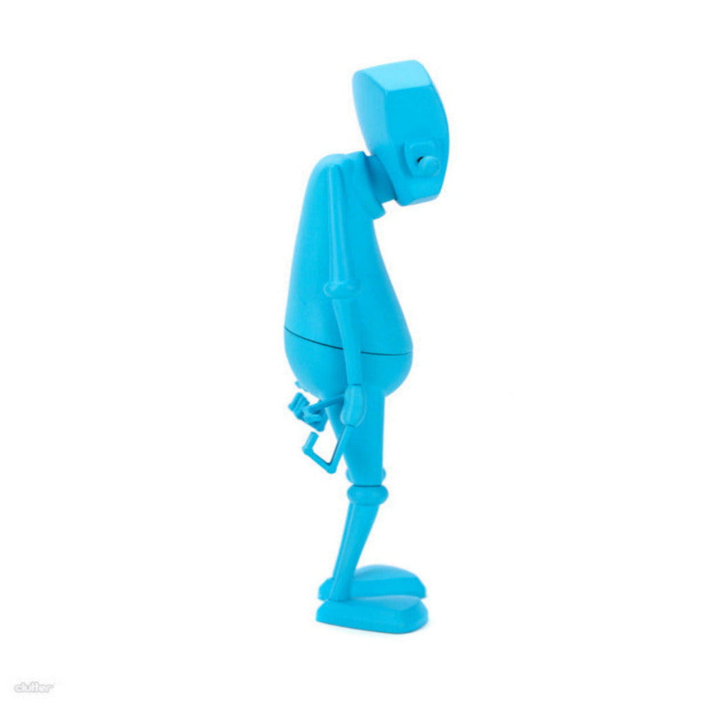 The Chris RWK Blue Robot (Arms Down) Figure by Rotofugi features a blue plastic humanoid robot, inspired by Chris RWK's art, shown in a slouched pose and viewed in profile against a white background.