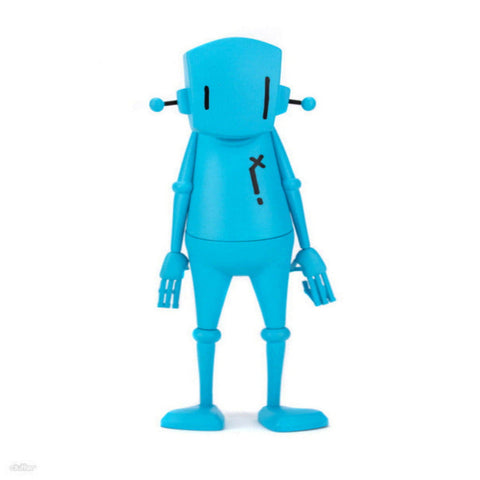 The Chris RWK Blue Robot (Arms Down) Figure by Rotofugi is a collectible robot with a question mark on its chest, thin limbs, and a neutral face, standing upright against a white background.