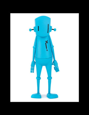 The Rotofugi Chris RWK Blue Robot (Arms Down) Figure features a blue cartoon-style robot with a question mark on its chest, standing upright against a plain white background.