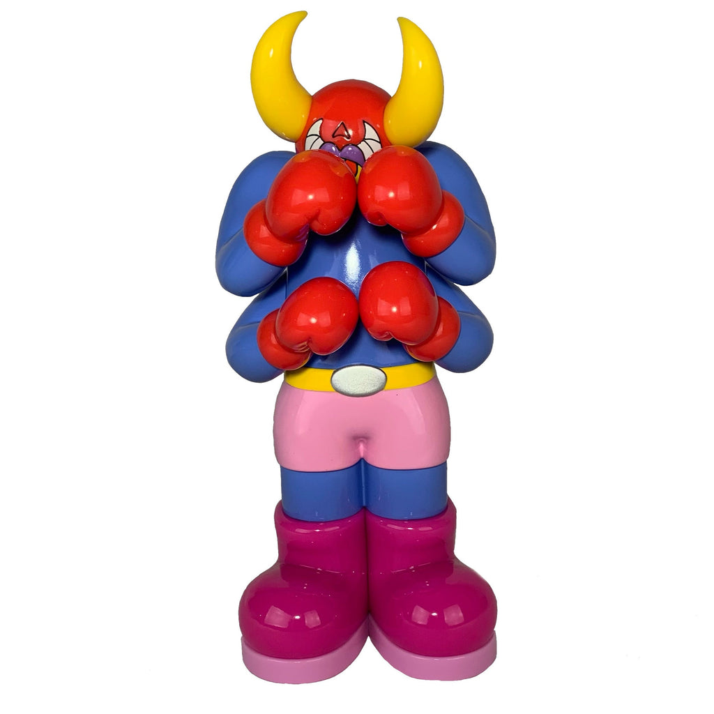 Lazy Boxer (OG) by The Little Hut (HK) is an 8-inch collectible figure with yellow horns, red gloves, blue shirt, pink shorts, and purple boots, standing upright with hands covering its face in playful boxing spirit.