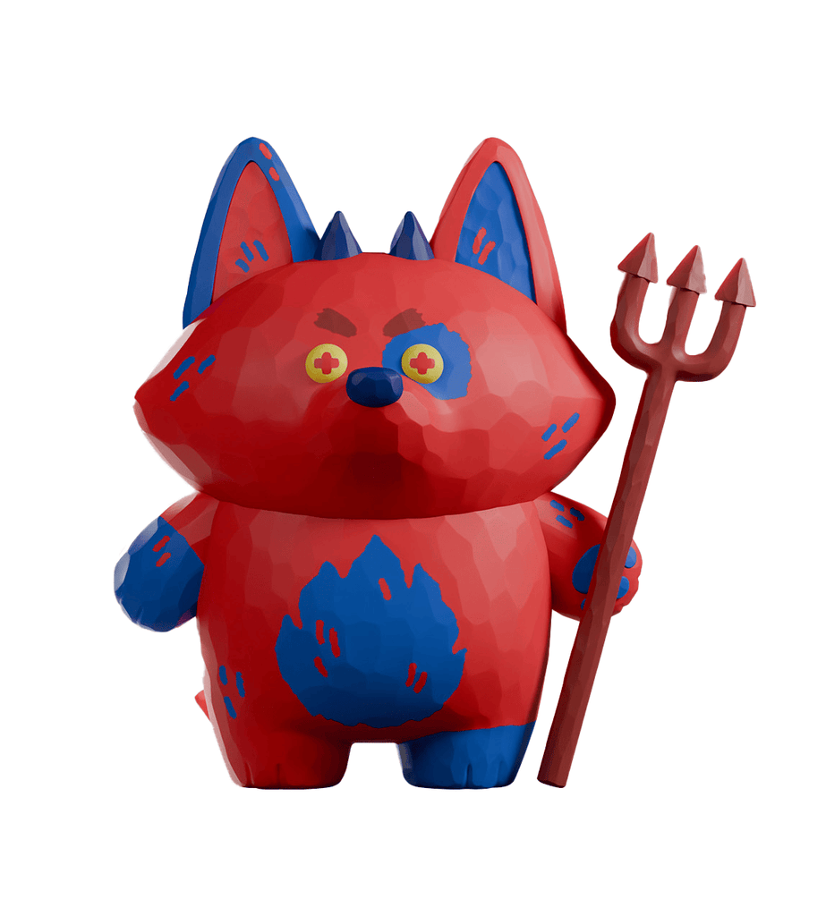 A red and blue cartoonish cat figure with yellow eyes, angular facets, and large ears holds a trident, echoing the playful mischief of the Bubba Bad toy by Kaleidos Creative.