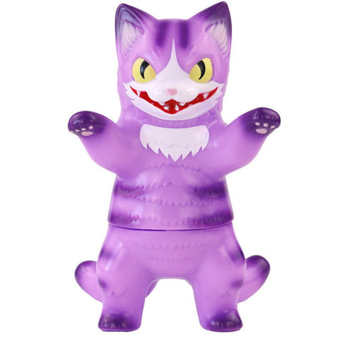 The Konatsuya Cheshire Cat Negora is a purple, cartoonish cat figurine with yellow eyes, sharp teeth, and white markings, standing upright with raised paws and a mischievous grin—an eye-catching collectible for any fan.