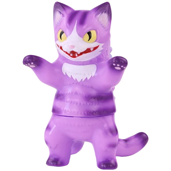 The Konatsuya Cheshire Cat Negora is a purple, cartoon-style kitten figurine with large yellow eyes, white markings, a bushy tail, and a mischievous grin—capturing mad here vibes perfectly.
