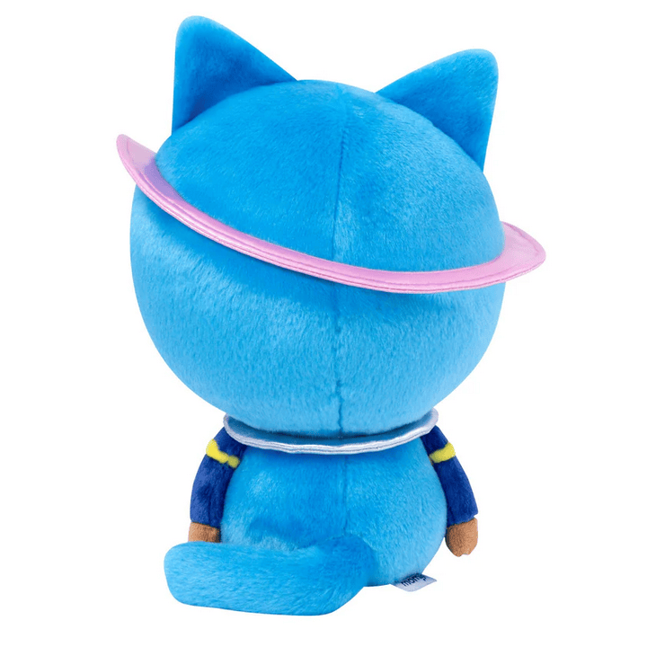 The Momiji Cosmic Kitty - Out of This World Large Plush is shown from behind, wearing a pink ring around its head and a blue outfit with small yellow details.