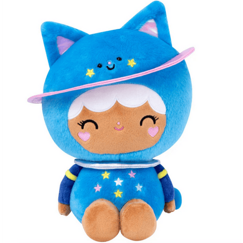 The Cosmic Kitty - Momiji Out of This World Large Plush by Momiji features a blue cat-eared hood, white hair, pink heart-shaped cheeks, and star accents on its blue outfit and hat.