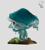 A small blue Capkins cat figurine with a large mushroom cap, water droplets, and a sad face stands on a wooden base. From Kaleidos Creative's rare (1/36) Capkins Series 1 Blind Box—Fungi Forest collection.