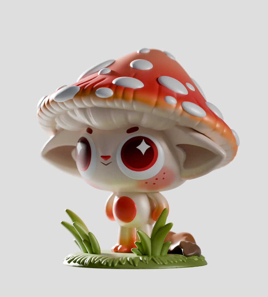 Discover a Capkins Series 1 Blind Box by Kaleidos Creative: a vinyl figurine featuring a big-eyed creature with a white-spotted mushroom cap, standing on green grass—ideal for Fungi Forest collections or as a fun surprise.
