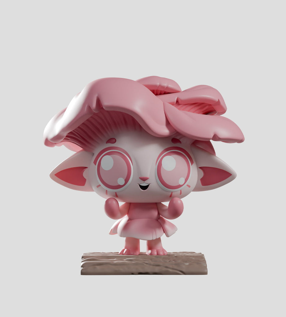 A Capkins — Series 2 Blind Box vinyl toy from Kaleidos Creative, featuring a pink cat-like figure with large ears and flower-shaped hair on a textured base, stands against a gray background.