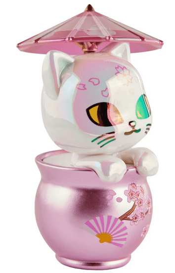 Tokidoki’s Cherry Blossom Cats - Special Edition Blossom Kitty features a white cat with multicolored eyes in a shiny pink pot decorated with cherry blossoms and a fan, holding a pink parasol—ideal for collectors.