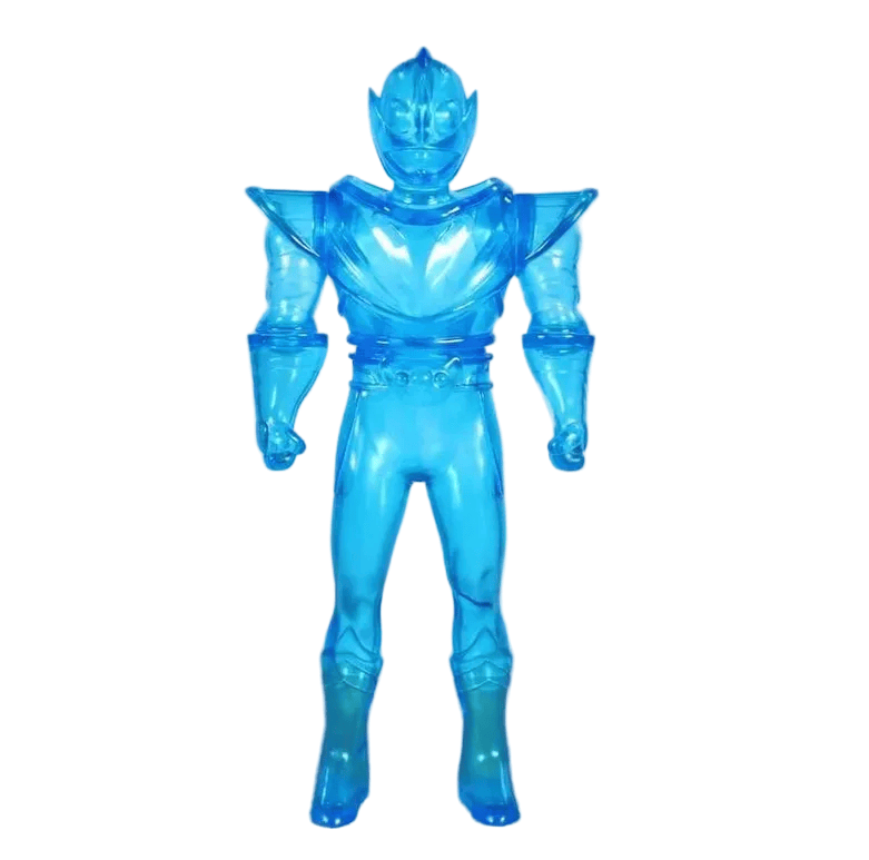 The Chogokin Warrior - Chicago by DoomCo Designs (US) is a translucent blue humanoid robot action figure with pointed shoulders and helmet, standing upright—an eye-catching choice for unique shelf decor.