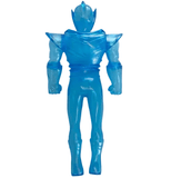 The Chogokin Warrior - Chicago by DoomCo Designs (US) is a translucent blue plastic action figure with angular shoulders, spiky hair, and clenched fists—an eye-catching hero for unique shelf decor when viewed from the back on a white background.