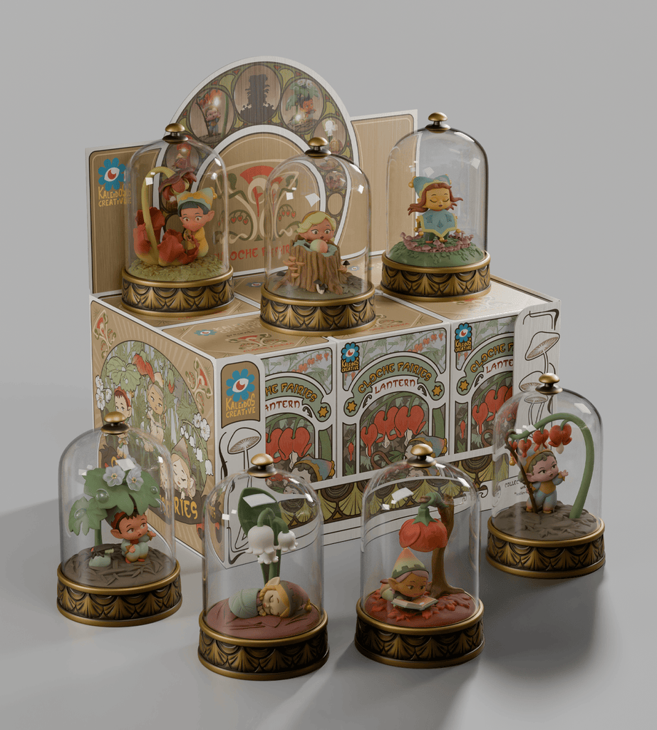 The Kaleidos Creative Cloche Fairies Blind Box includes six collectible fairies under glass domes, each inspired by unique flowers or plants, displayed against a charming illustrated backdrop—perfect for lovers of magical blind box surprises.