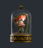 The Kaleidos Creative Cloche Fairies Blind Box features a child fairy figurine with a leafy staff under a glowing flower, all enclosed in a glass dome with a gold decorative base.