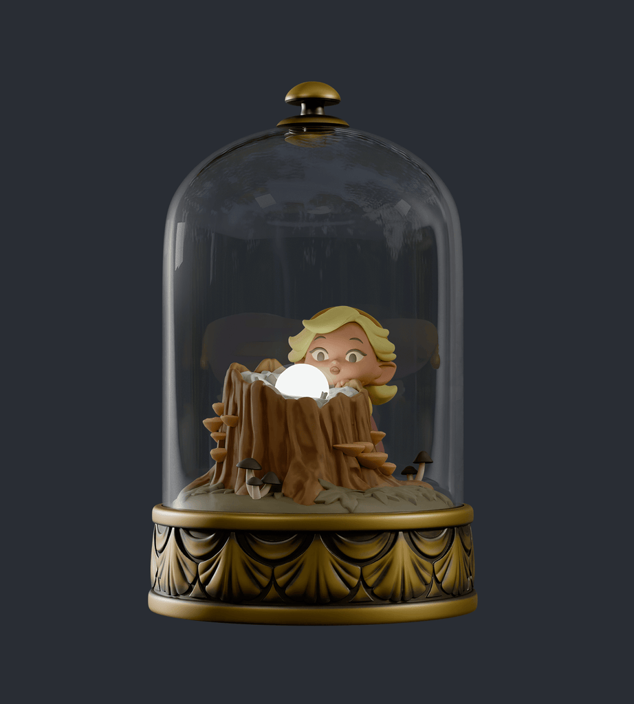 The Cloche Fairies Blind Box by Kaleidos Creative features a child figurine with a glowing orb behind a wooden fence, all enclosed in a decorative glass dome with gold accents—a unique collectible for any display.