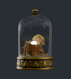 The Cloche Fairies Blind Box by Kaleidos Creative features a child figurine with a glowing orb behind a wooden fence, all enclosed in a decorative glass dome with gold accents—a unique collectible for any display.