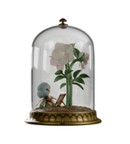 The Cloche Fairies — Hellie by Kaleidos Creative features a small hellebore fairy figure inside a glass dome with a large white flower and green leaves on a decorative base, creating a charming fairy lantern.