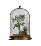 The Cloche Fairies — Hellie by Kaleidos Creative features a small hellebore fairy painting a large white flower inside a glass cloche lantern with a decorative brass base.
