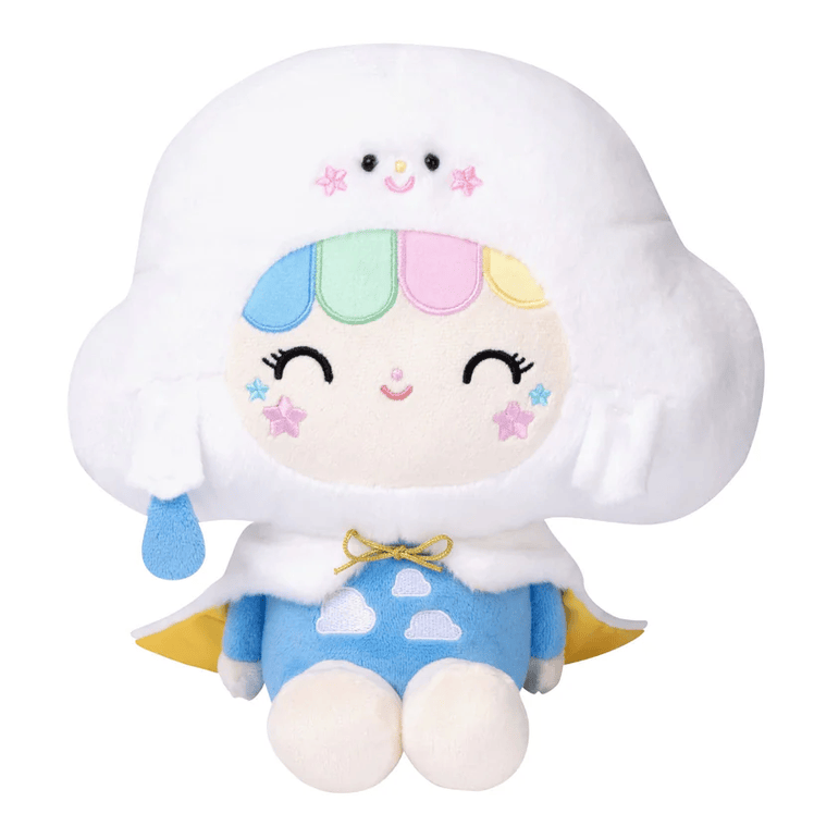 Cloudia - Momiji Magical Meadow Large Plush by Momiji features a cuddly plush with a big white cloud-shaped head, rainbow bangs, a smiling cloud on top, a blue outfit with clouds, yellow cape, and blue teardrop—perfect for room decor with its sweet smile.