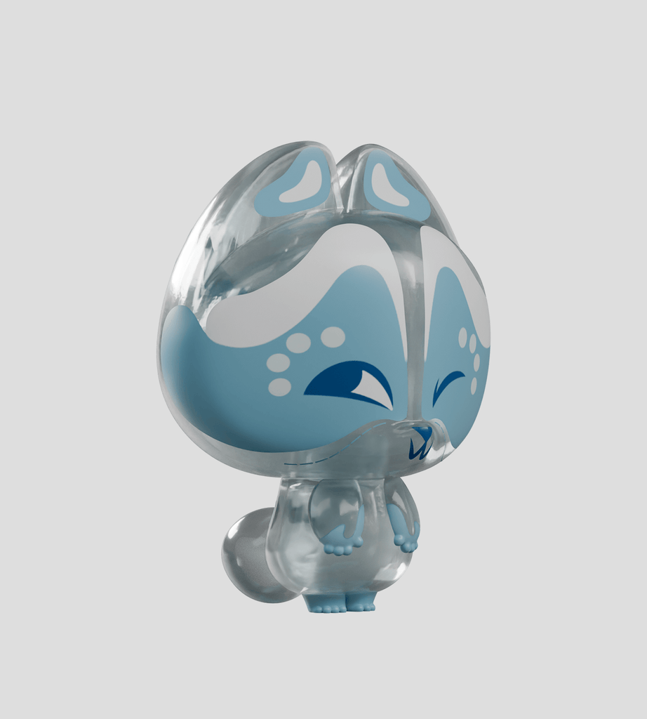 A translucent, stylized raccoon from Kaleidos Creative's Creative Dump Blind Box stands against a plain light gray background, its blue and white facial markings reflecting the playful mystery of this collectible.