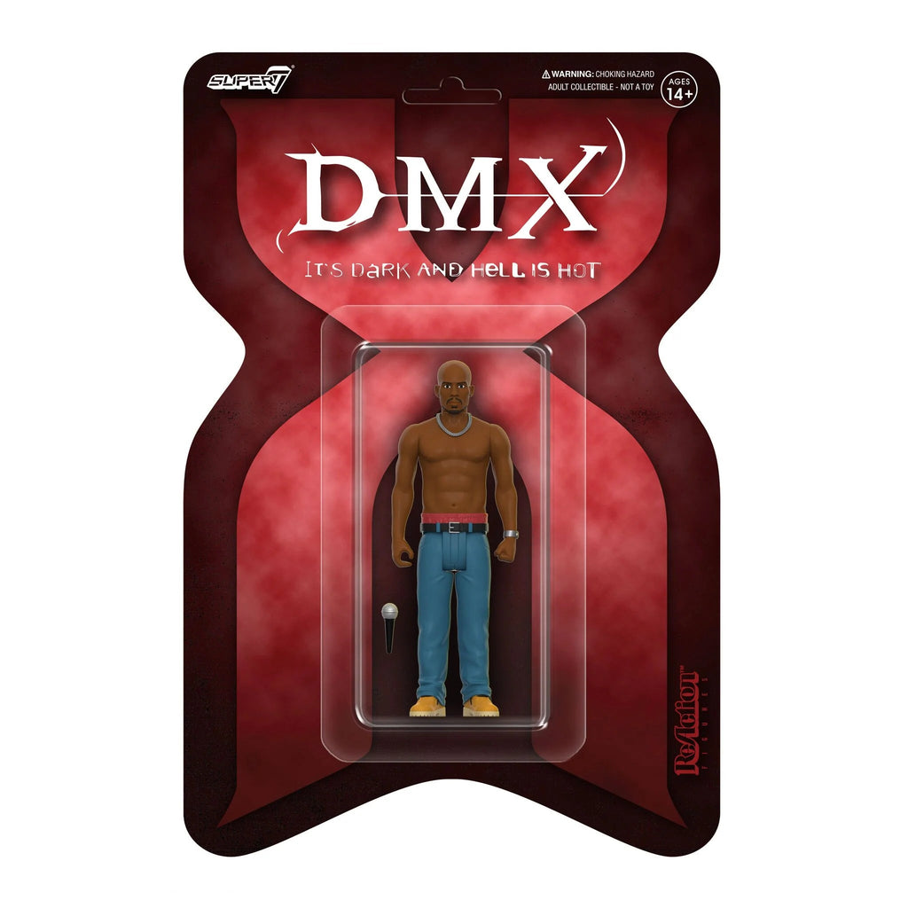 Action figure of rapper DMX in a red and black packaging with the debut album cover art and the text 