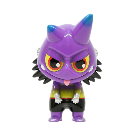 Oniko — Purple by How2Work is a vinyl toy figure featuring chibi Oniko with a purple horned head, large red eyes, black back spikes, and a yellow-black outfit, displayed against a plain white background.