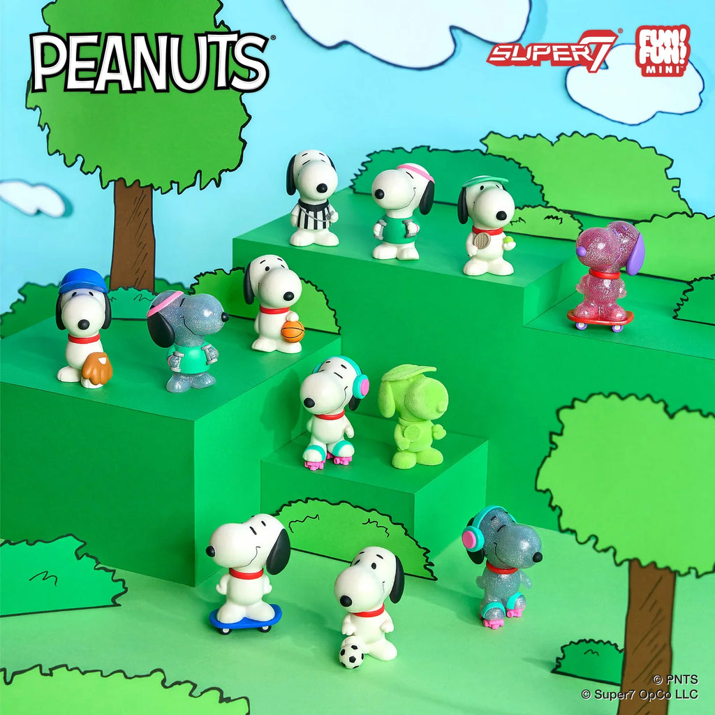 Eleven rare Peanuts FUN! FUN! Mini - Athlete Snoopy Blind Box figurines in various sports outfits and poses arranged on green tiered platforms.