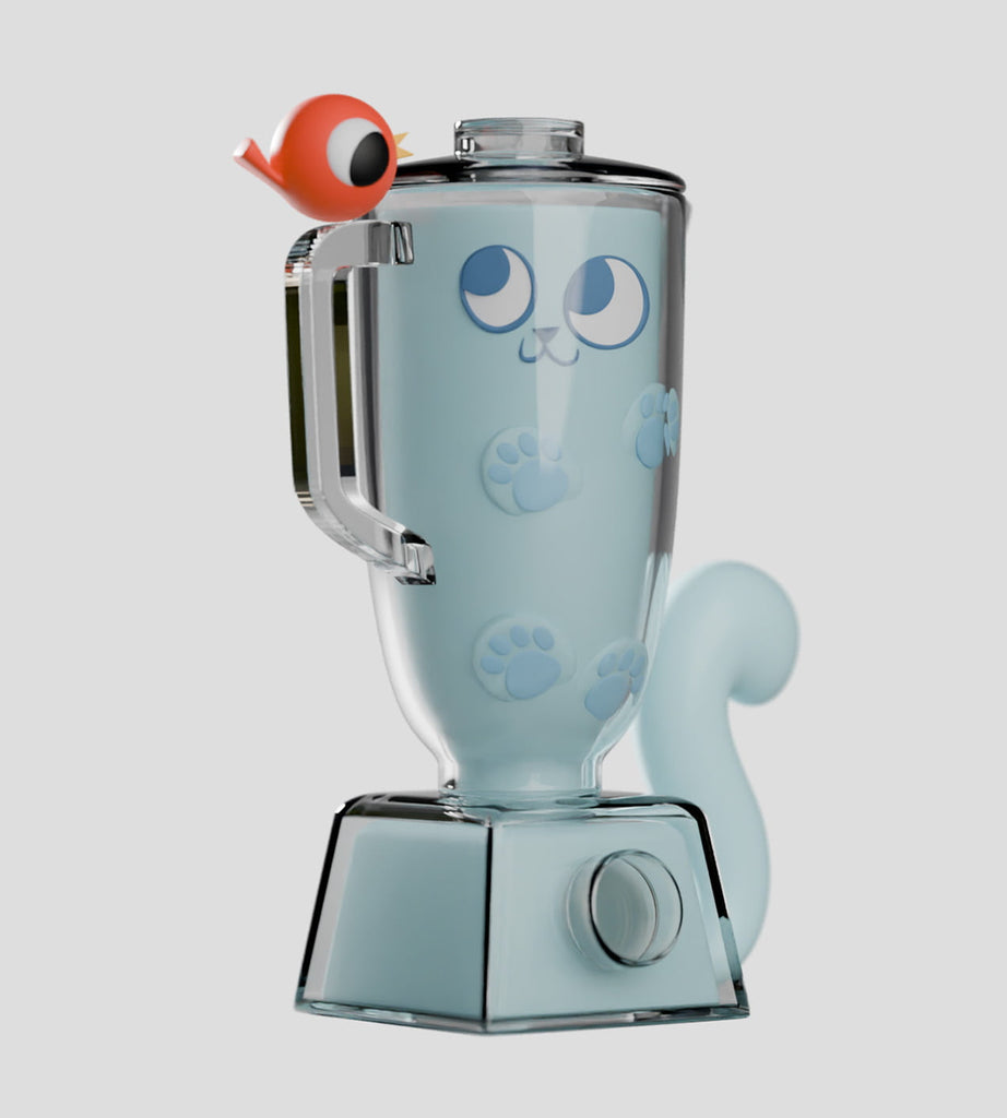 The Ghost Cat Blind Box by Kaleidos Creative is a blender featuring cat paw prints, a tail, and a cartoon bird on the lid—ideal for fans of collectible figures and quirky kitchen décor.