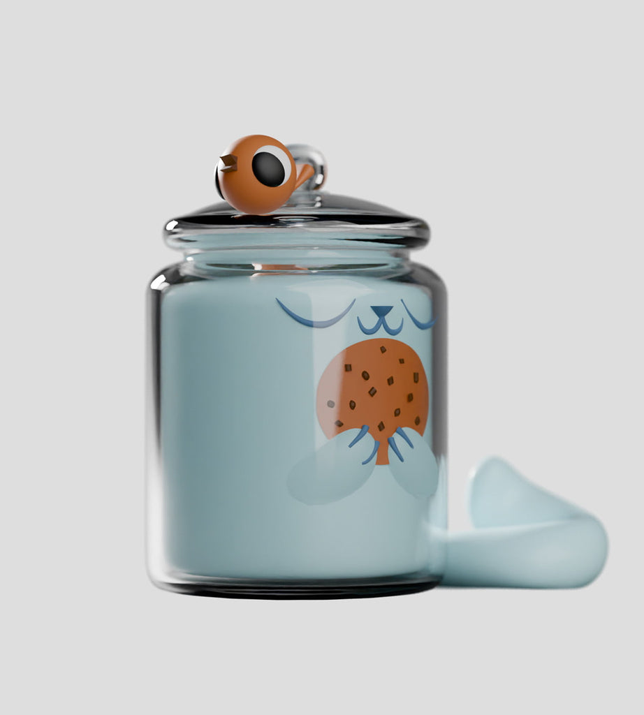 The Ghost Cat Blind Box by Kaleidos Creative is a clear glass jar with a blue Ghost Cat holding a cookie and a lid topped with a brown bird—ideal for collectible figure or blind box lovers.