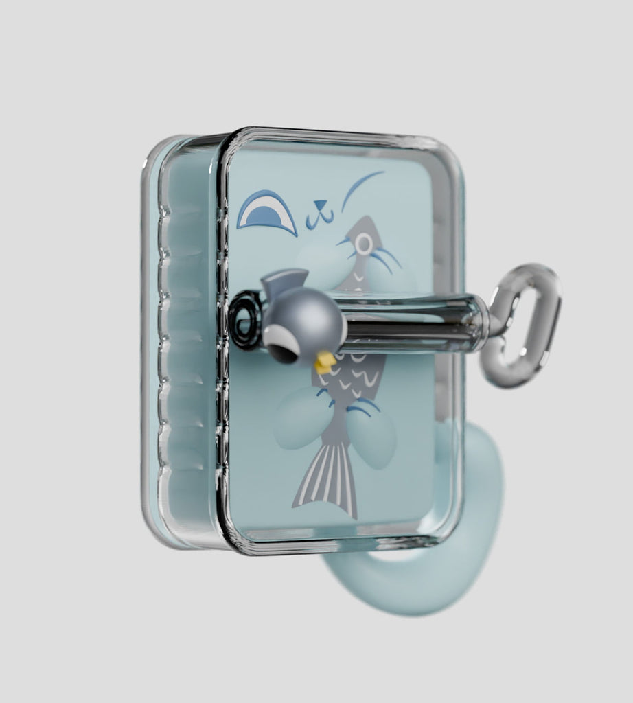 The Ghost Cat Blind Box by Kaleidos Creative is a translucent glass wind-up toy featuring a cartoon Ghost Cat face, fish design, and a small bird—a charming collectible figure for any collection.