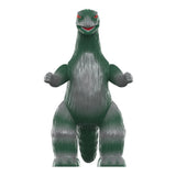 Inflatable toy dinosaur standing upright with a green body, small arms, and red eyes, depicted in a neutral stance as a Super 7 Toho Marusan ReAction - Godzilla (Green/Silver).