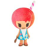 The Hawaiian Ohana Blind Box by tokidoki features a cartoon-style Unicorno figurine with a textured pink-orange head, blue floral dress, pink sandals, wooden stick in hand, and a straw on top.