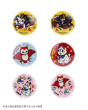 The Konatsuya 2026 Happy Set includes six colorful round pins with cartoon-style owl, cat, and Negora illustrations in playful poses on vibrant backgrounds.