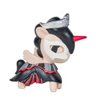 This Tokidoki Unicorno After Dark Masquerade Blind Box collectible features a Unicorno in a black and red outfit with a white mask, silver crown, red horn, and black mane—an ideal addition for any Blind Box collector.