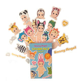 A sticker pack of cartoon baby characters wearing various animal costumes, displayed around an open box labeled