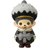 VAG 45 — Monchhichi Happy Gift Box by Medicom (JP): a charming Japanese vinyl toy featuring a smiling gray-haired child in a black and gray outfit with a large bow and tall white hat, reminiscent of collectible Vinyl Artist Gacha figures.