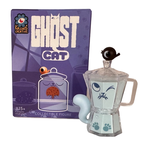 A cat-themed collectible figure shaped like a coffee maker with a blue tail and a black bird on top stands before the purple Ghost Cat Blind Box by Kaleidos Creative.