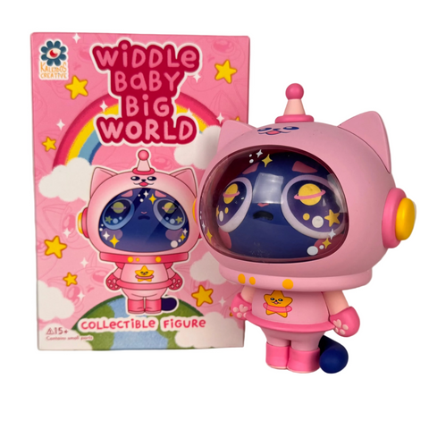 A rare figure from the Kaleidos Creative Widdle Baby Blind Box, this pink cat-themed collectible features a clear helmet, blue face with star and moon eyes, and comes in front of a matching box—a delightful addition to any collection.