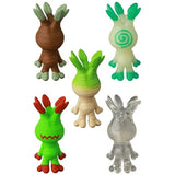 Five VAG 46 — Mandoraguraki figures by Medicom with textured bodies and pronged heads, shown from the back in brown, green, white, and transparent—ideal collectibles for Japanese vinyl toy gachapon fans.