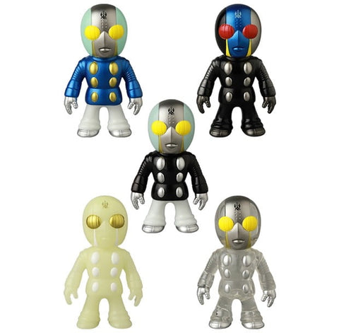 Five VAG 46 — Tane Man vinyl figures by Medicom, each with robot-like forms, round yellow eyes, and unique color patterns, are displayed against a white background—ideal for Japanese vinyl toy collectors.