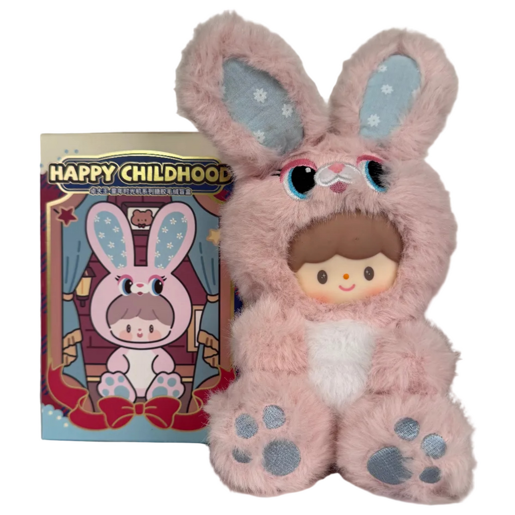 A zZoton plush toy from Finding Unicorn’s Happy Childhood Blind Box, featuring a doll face in a pink bunny suit with large ears and paw prints, is ideal for nostalgic gifts or adding to your plush keychain collection.