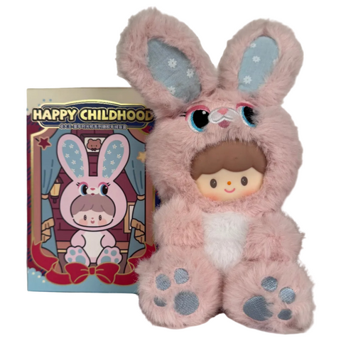 A zZoton plush toy from Finding Unicorn’s Happy Childhood Blind Box, featuring a doll face in a pink bunny suit with large ears and paw prints, is ideal for nostalgic gifts or adding to your plush keychain collection.