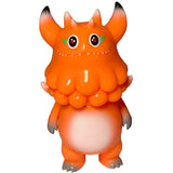 The Little Hut (HK) Rangeas Jr. - Orange is a cartoonish collectible monster toy featuring horns, bright red eyes, a round belly, and clawed hands and feet, standing upright against a white background.