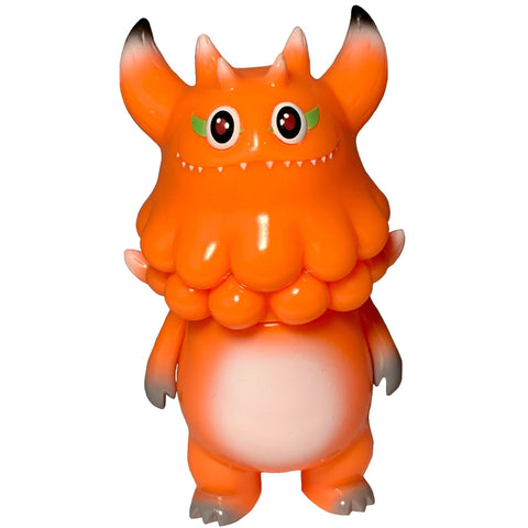 The Little Hut (HK) Rangeas Jr. - Orange is a cartoonish collectible monster toy featuring horns, bright red eyes, a round belly, and clawed hands and feet, standing upright against a white background.