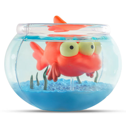 Kidrobot (US) presents The Simpsons - Blinky in Fish Bowl: a collectible toy featuring Blinky the three-eyed goldfish submerged in a small, round plastic bowl with blue water and artificial plants.