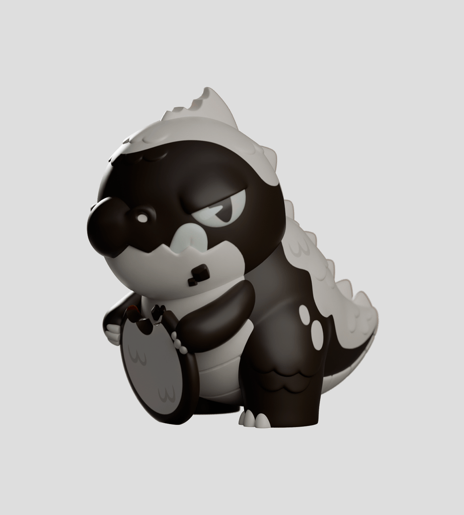 A stylized, black-and-white dinosaur figurine from the Kaiju Cookies Blind Box by Kaleidos Creative stands on a light gray background, its unimpressed expression adding quirky, playful charm to this collectible.