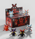 Six vibrant Kid Krampus Blind Box figures by Kaleidos Creative are displayed before a themed box with matching art and branding—a must-have holiday collectible for blind box fans.